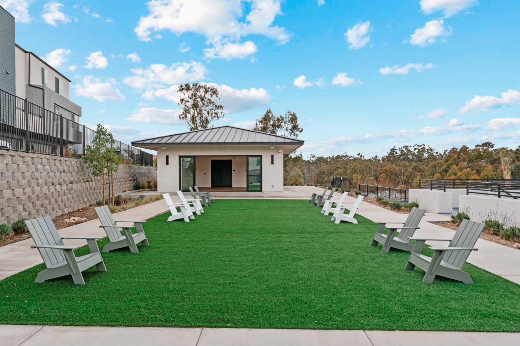 Building exterior with chairs